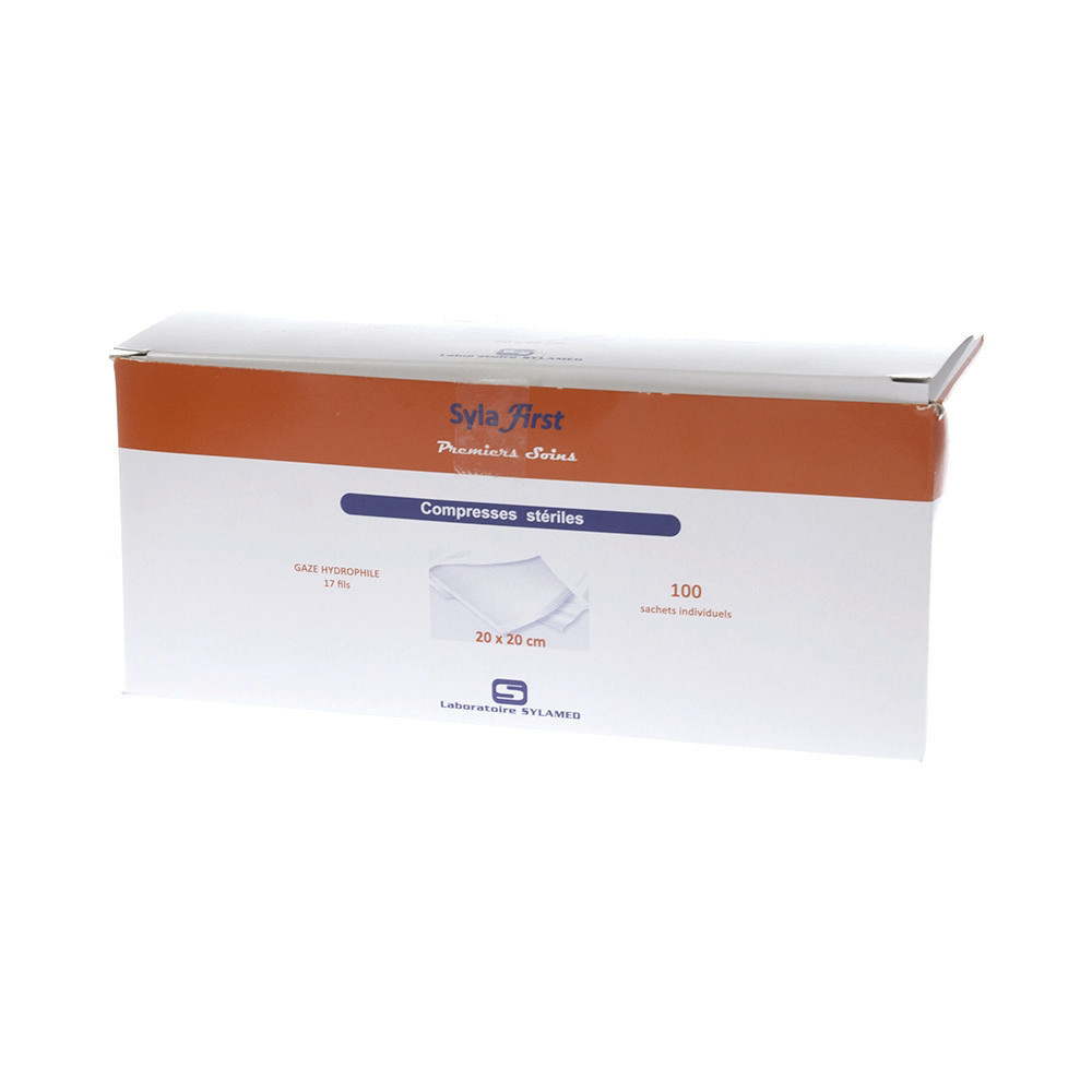 Compresses de gaze stériles Esculape 5 x 5 cm pliées ou 20 x 20 cm dépliées, boîte de 100 sachets individuels
