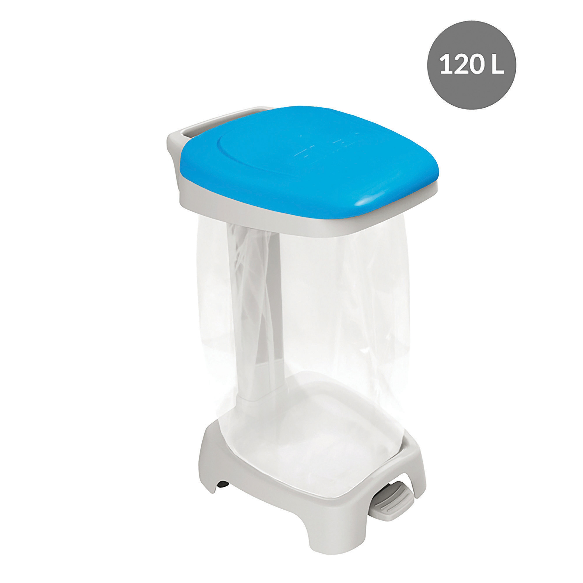 Support sac poubelle 2 roues à pédale Gilac avec couvercle bleu 120 L
