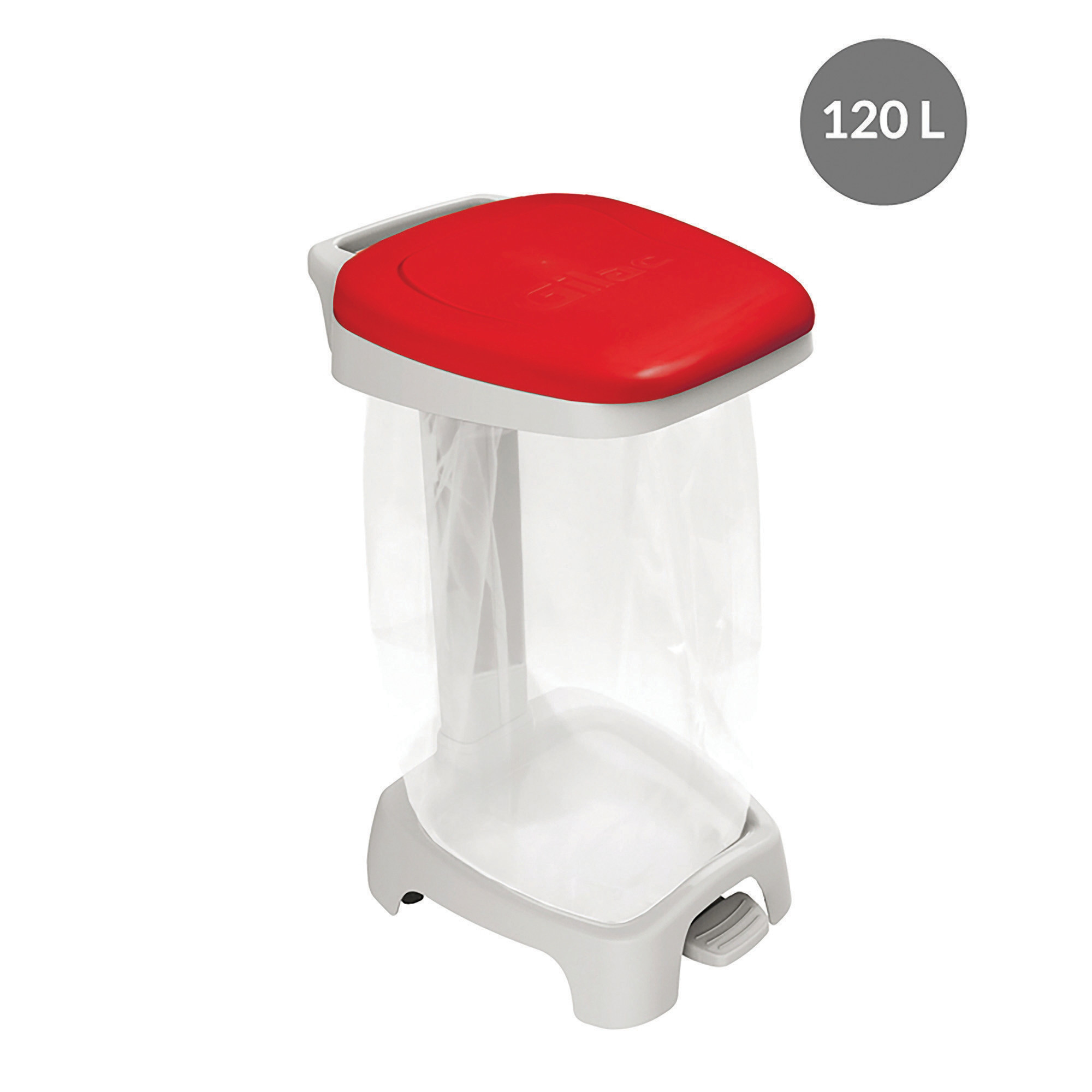 Support sac poubelle 2 roues à pédale Gilac avec couvercle rouge 120 L