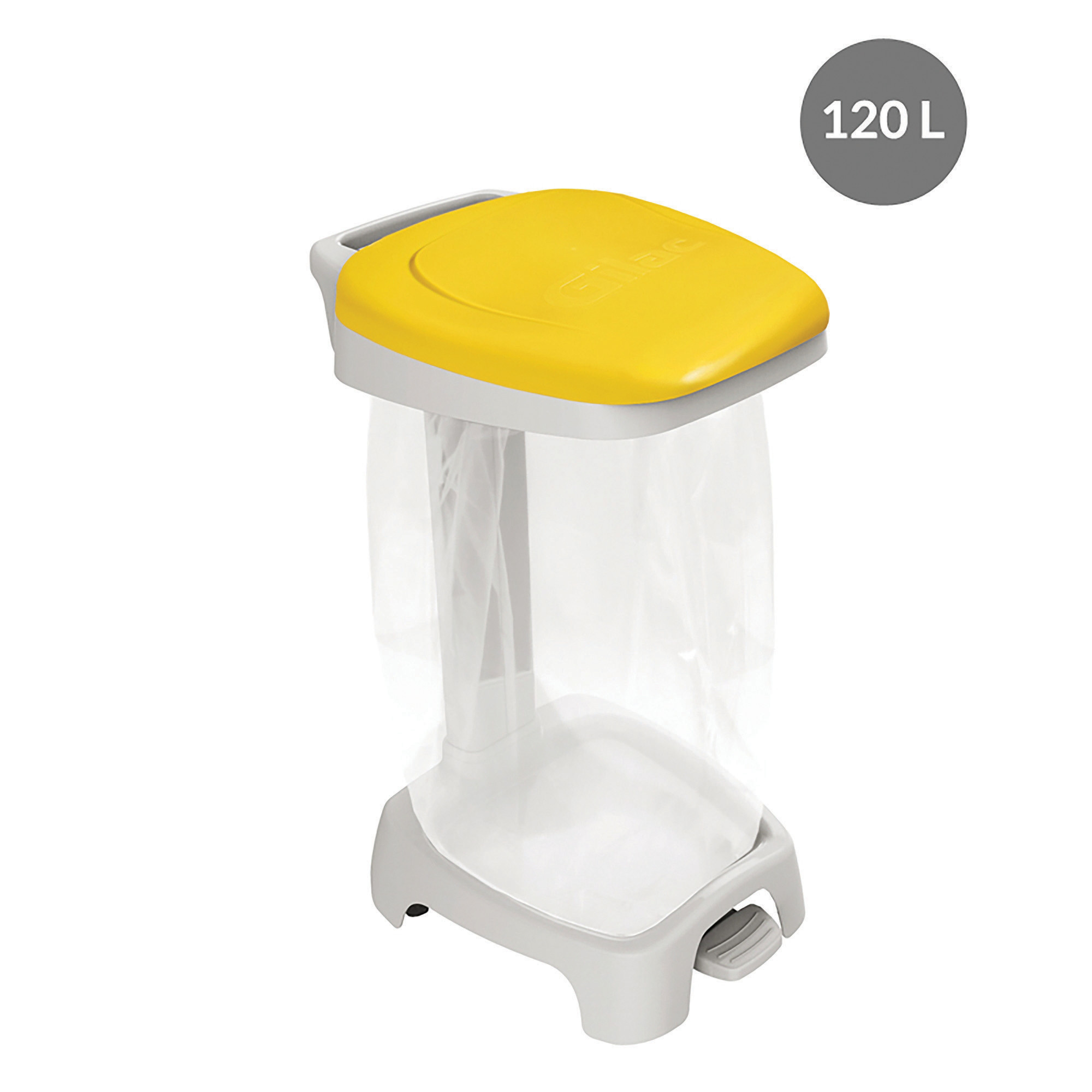 Support sac poubelle 2 roues à pédale Gilac avec couvercle jaune 120 L