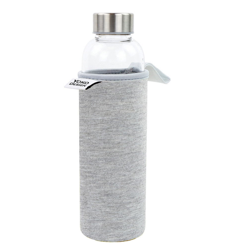 YOKO DESIGN Bouteille en verre transparent Yoko Design, 500 ml, avec pochette grise en néoprène