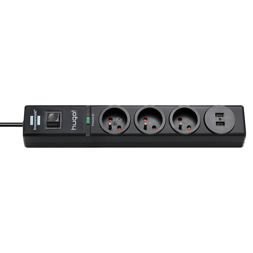 BRENNENSTUHL Prolongateur multiprise hugo! Brennenstuhl, parasurtenseur 19 500A, 3 prises courant, 2 prises USB, coloris noir
