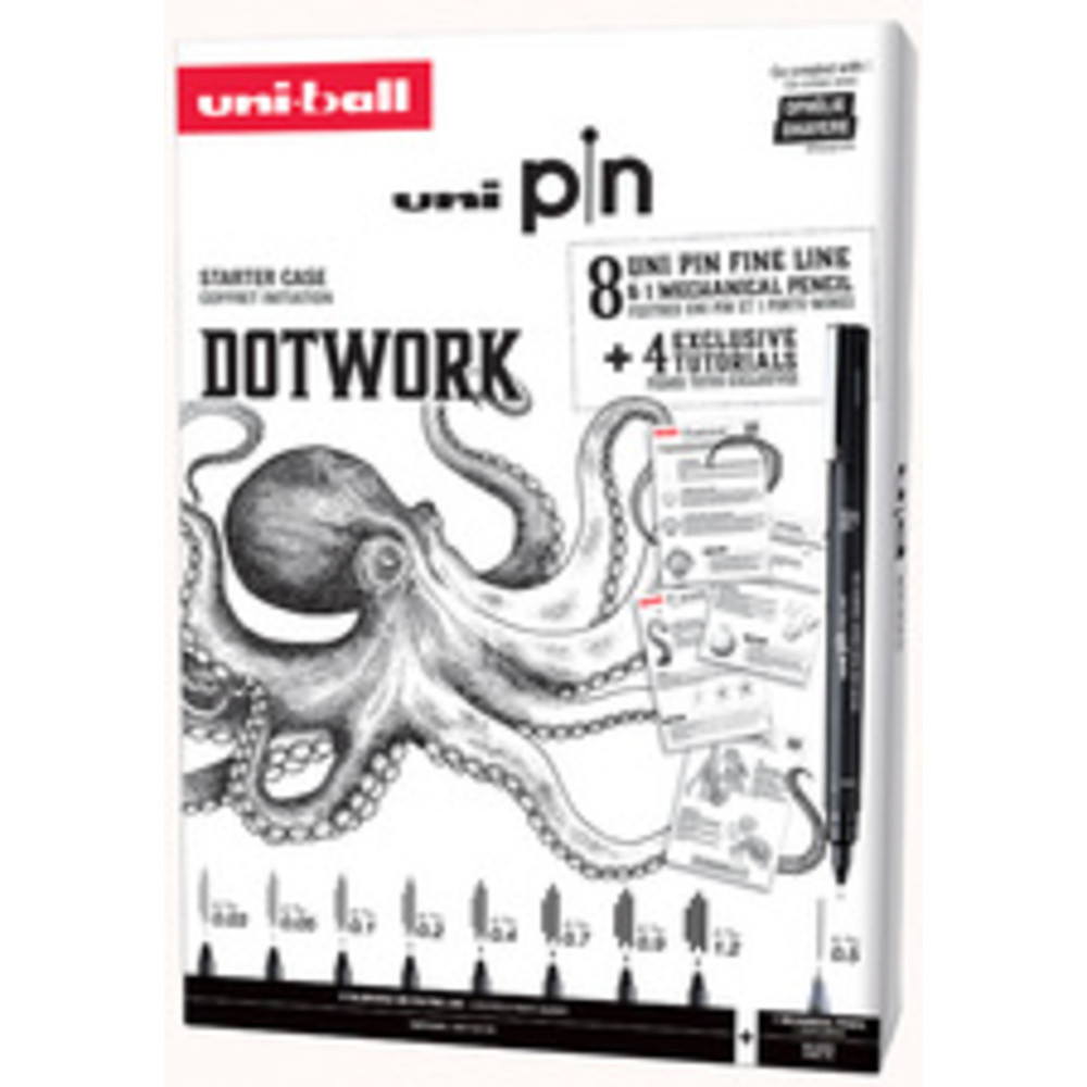 Stylo Uni ball Uni Pin Dotwork Box Gift box with exercises contains 8x uni pin + 1 pencil 0.5 mm 9x - vue 2