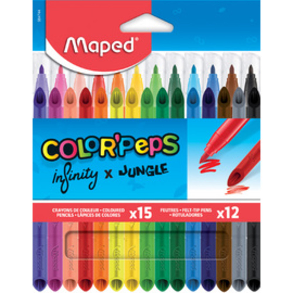 Maped Combo Pack Color'Peps 15 Crayons de couleur Infinity + 12 Feutres Lavables et Résistants au séchage Pointe moyenne bloquée Couleurs Vives Pochette carton - vue 2