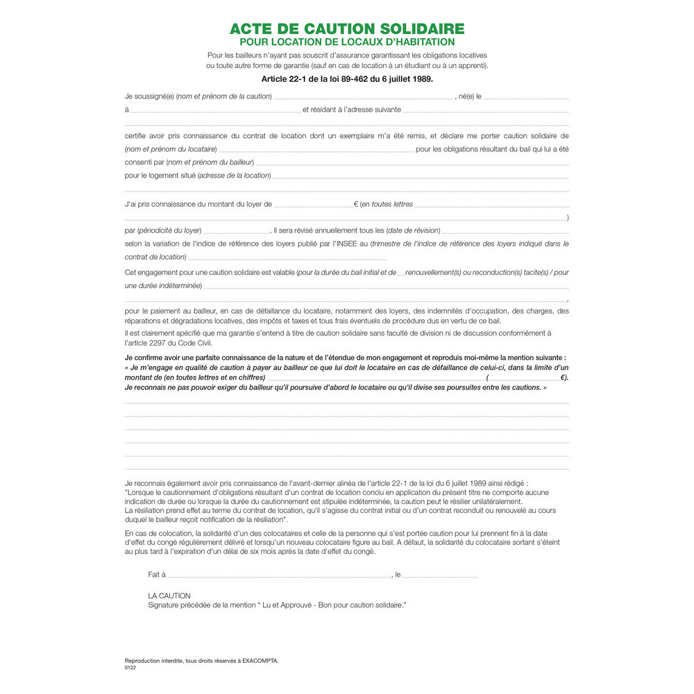 EXACOMPTA Liasses 'Acte de caution' (tous contrats sauf 50E) - Blanc