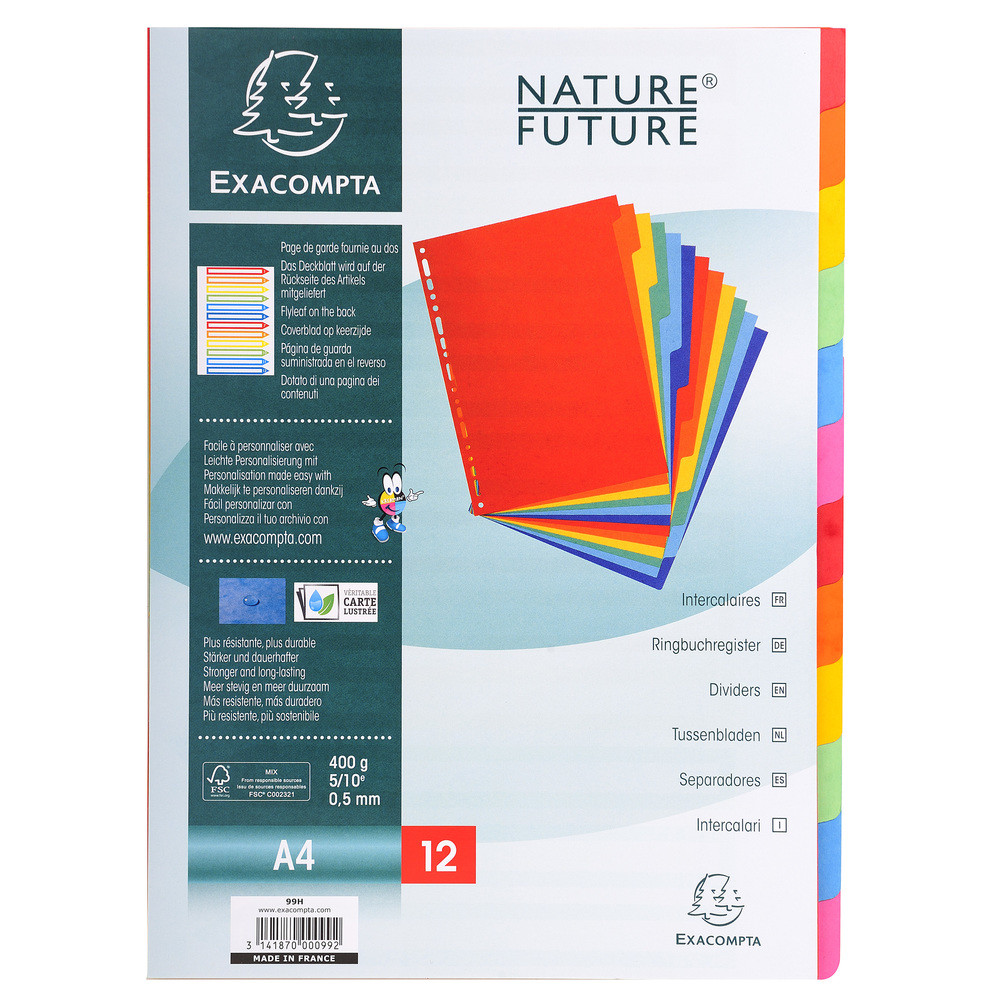 EXACOMPTA Intercalaires carte lustre 400g 12 positions - A4 - Couleurs assorties