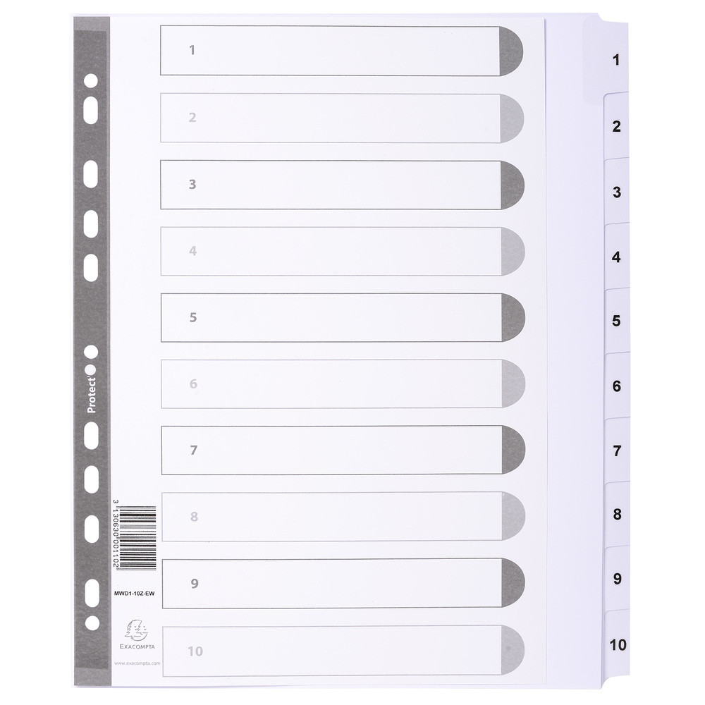 EXACOMPTA Intercalaires imprims  touches plastifies - 10 touches 1  10 - A4 maxi - Blanc