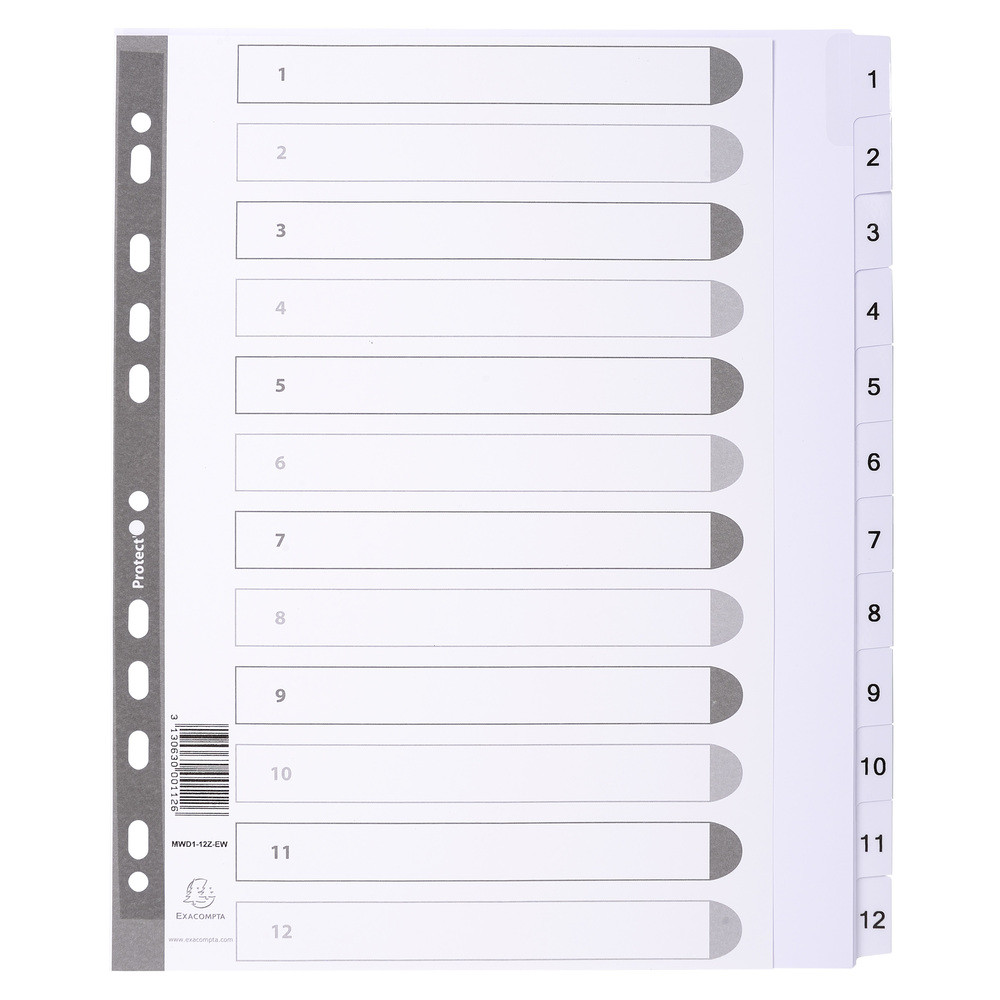 EXACOMPTA Intercalaires imprims  touches plastifies - 12 touches 1  12 - A4 maxi - Blanc