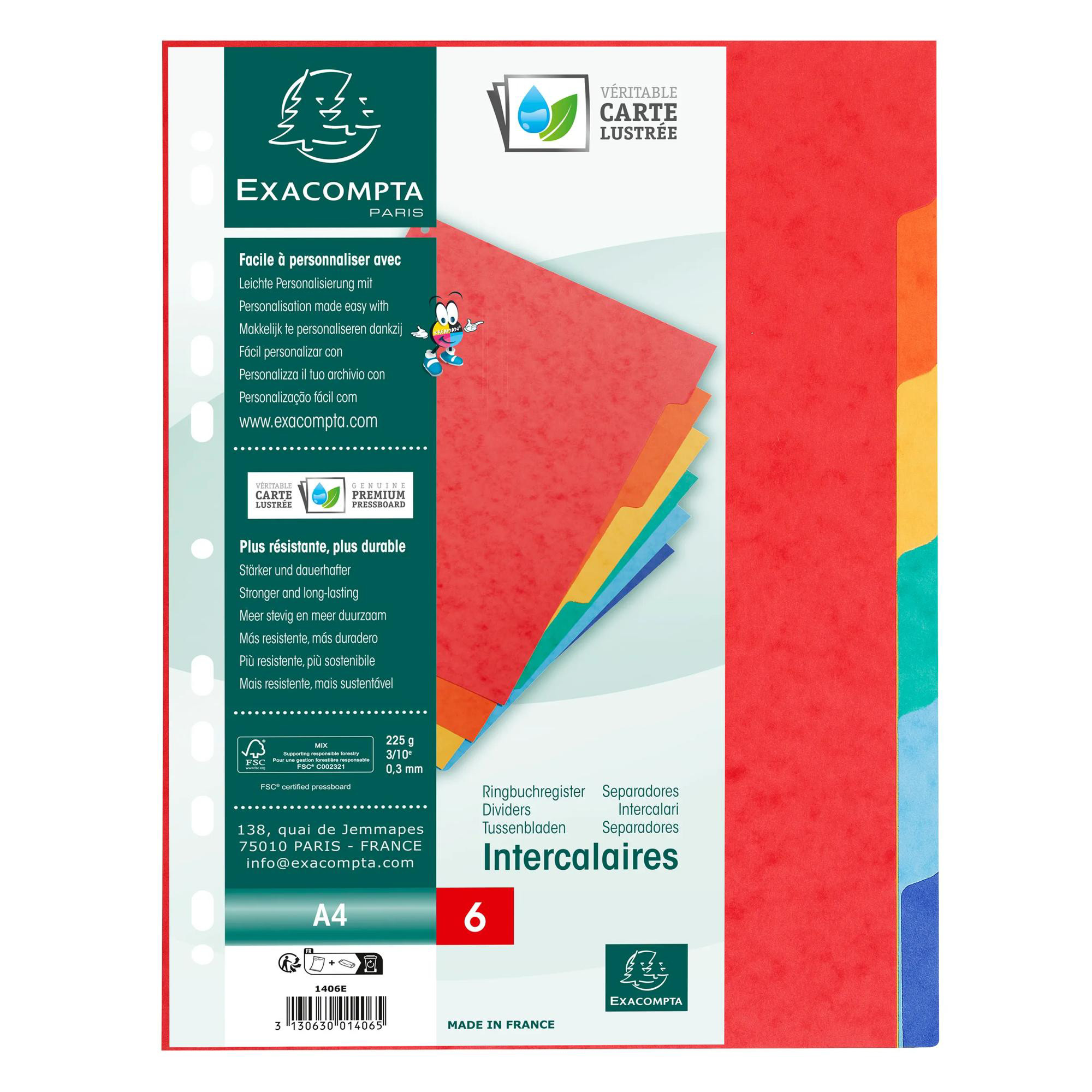 Exacompta Intercalaires carte lustrée 225g 6 positions - A4 - Couleurs assorties