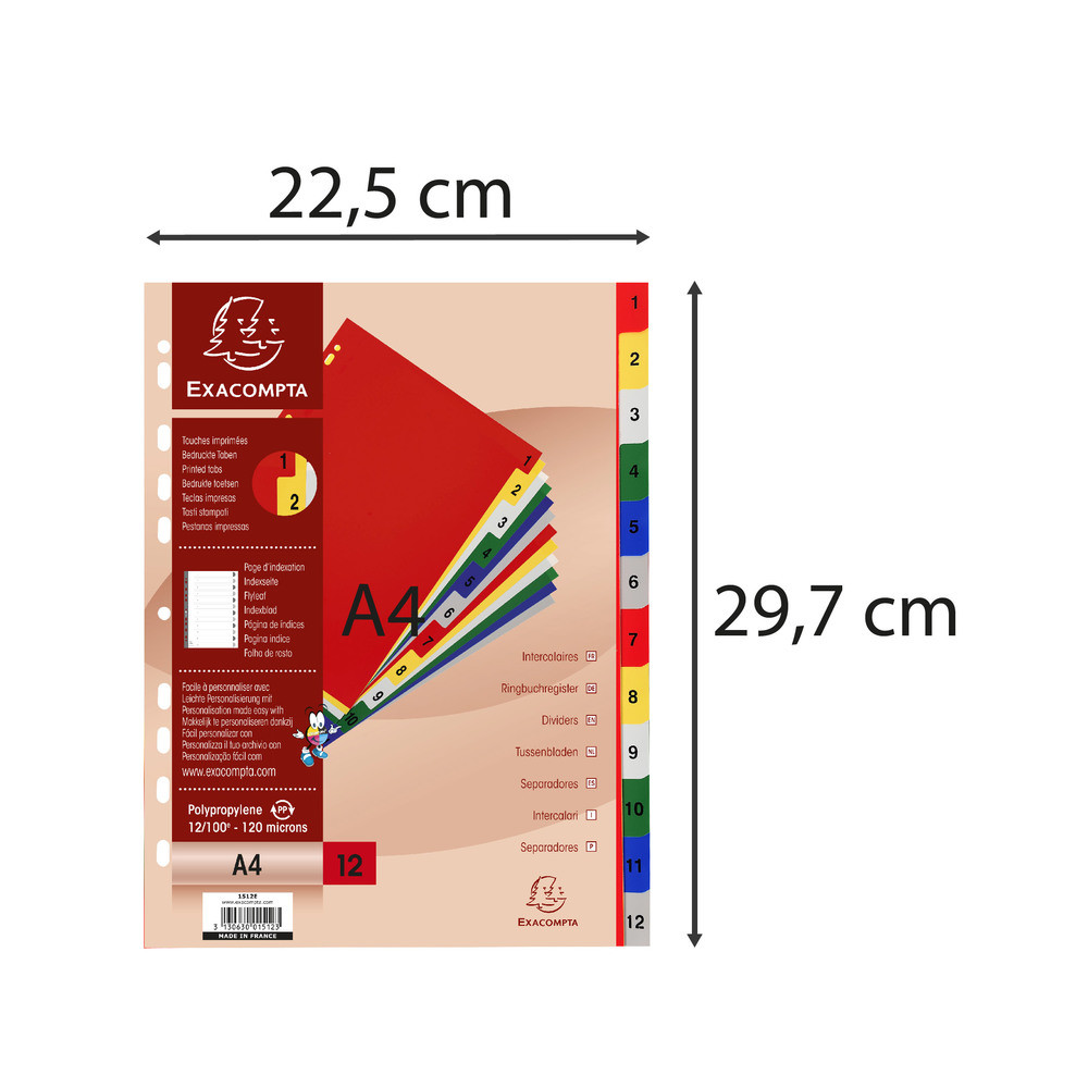 EXACOMPTA Intercalaires imprims numriques polypropylne 12/100e - 12 positions - A4 - Assorties vives