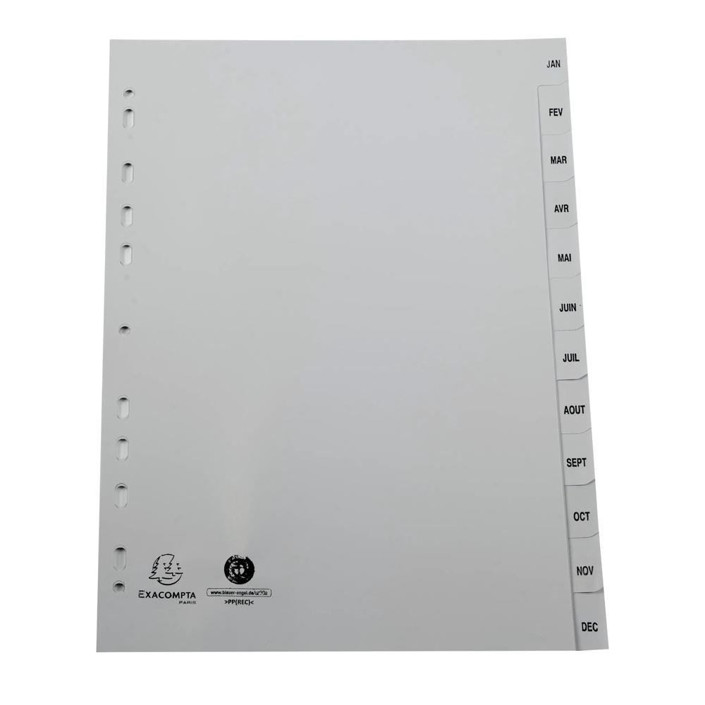 EXACOMPTA Intercalaires imprims mensuels PP recycl gris Janvier-Dcembre - 12 positions - A4 - Gris