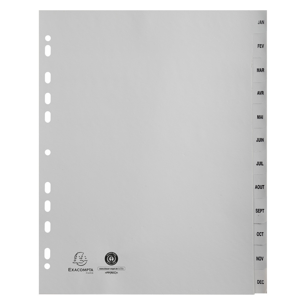 EXACOMPTA Intercalaires imprims mensuels PP recycl gris Janvier-Dcembre 12 positions - A4 Maxi - Gris