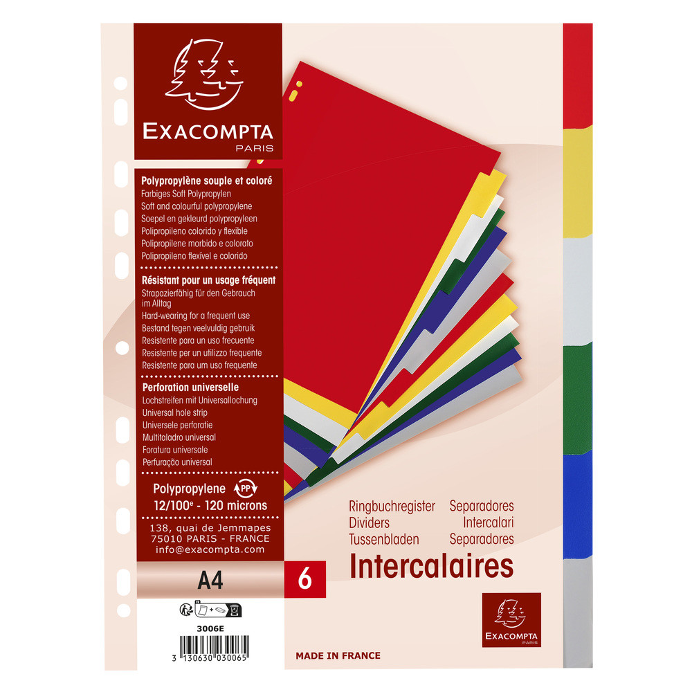 EXACOMPTA Intercalaires polypropylne souple 6 positions - A4 - Couleurs assorties