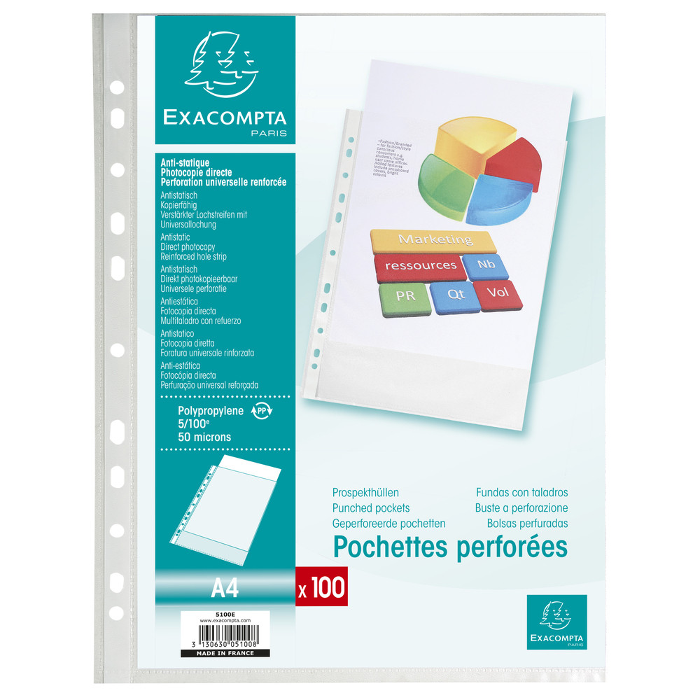 EXACOMPTA Sachet de 100 pochettes perfores polypropylne grain 5/100e - A4 - Cristal