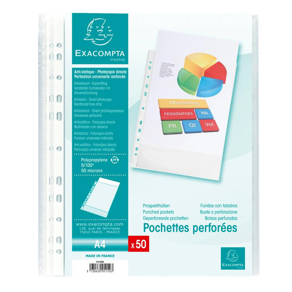 EXACOMPTA Sachet de 50 pochettes perfores polypropylne grain 5/100e - A4 - Cristal