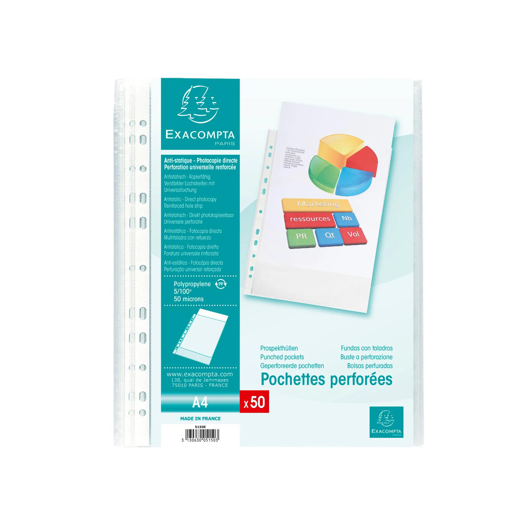 Exacompta Sachet de 50 pochettes perforées polypropylène grainé 5/100e - A4 - Cristal
