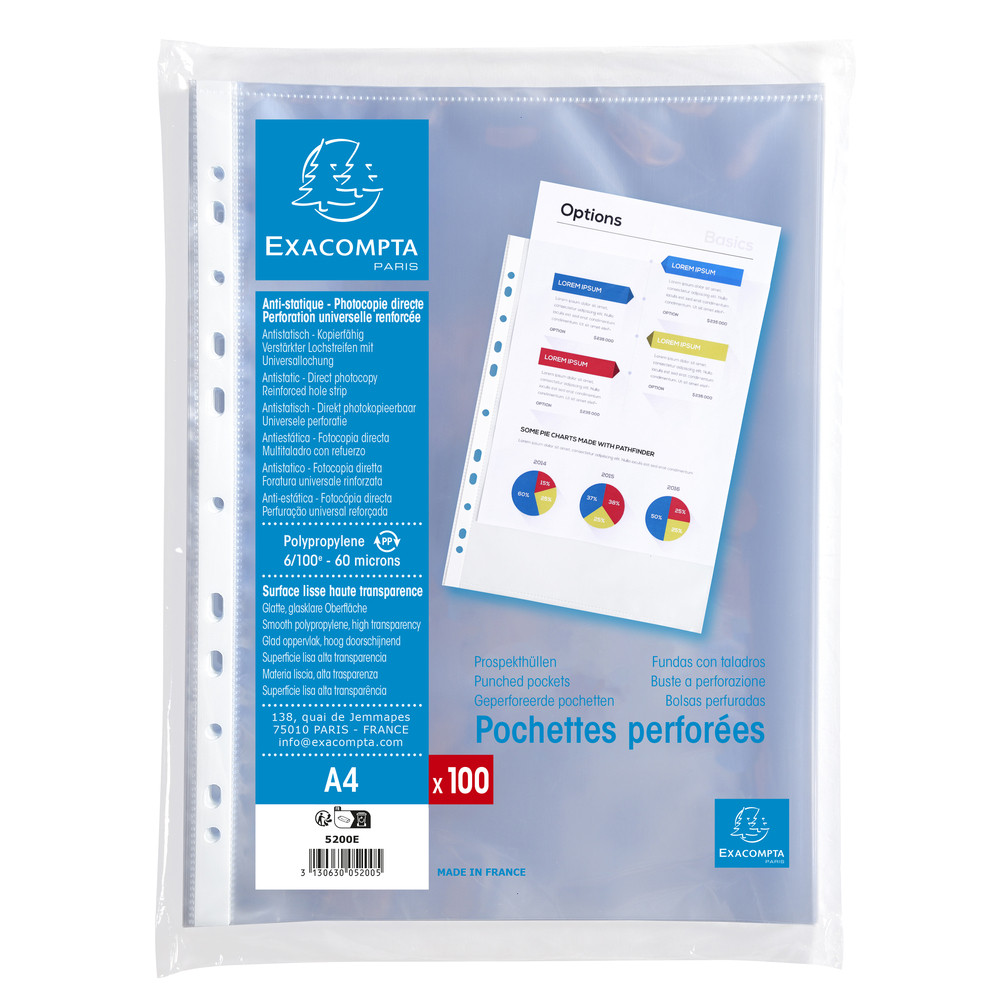 EXACOMPTA Sachet de 100 pochettes perfores polypropylne lisse 5/100e - A4. - Cristal