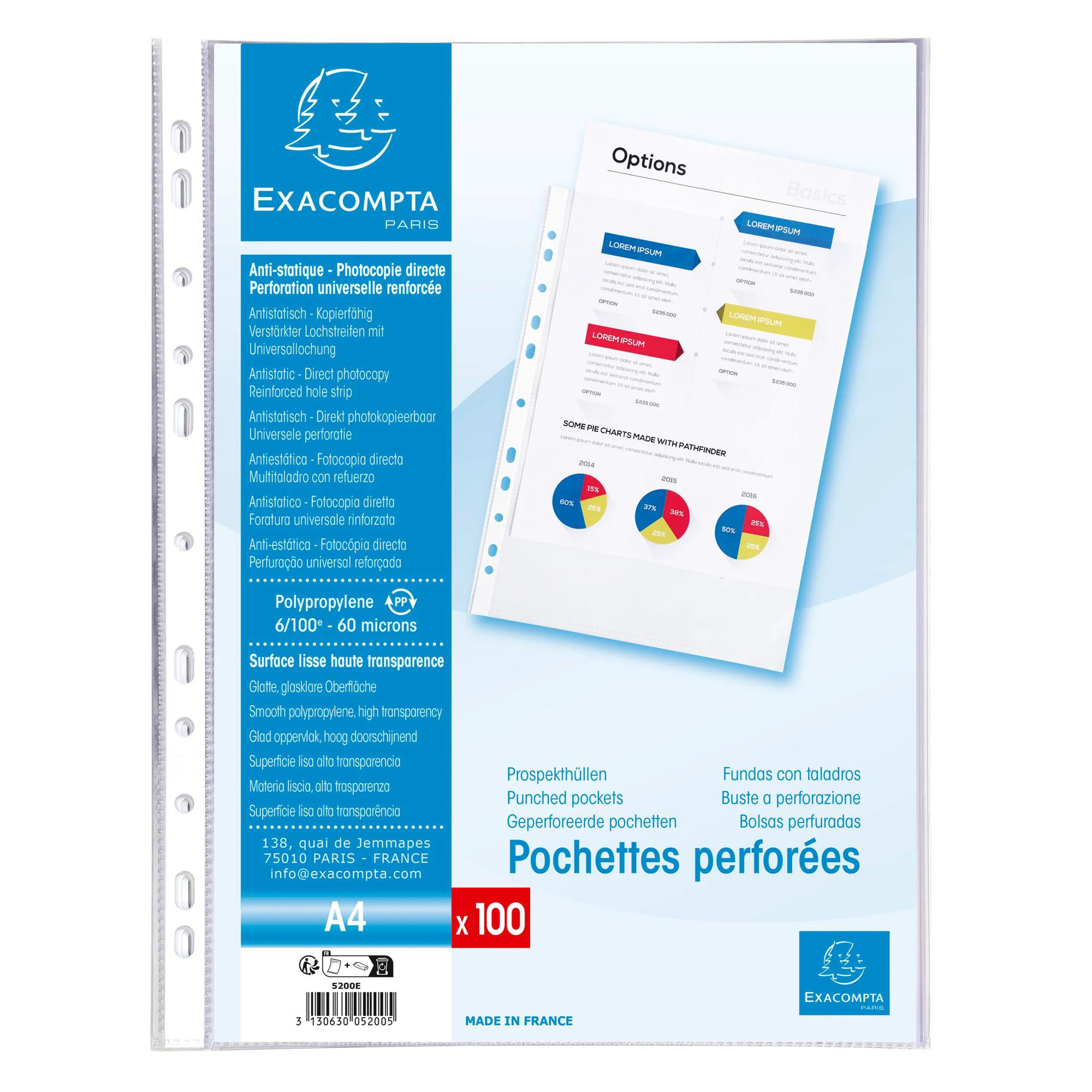 Exacompta Sachet de 100 pochettes perforées polypropylène lisse 5/100e - A4. - Cristal - vue 2