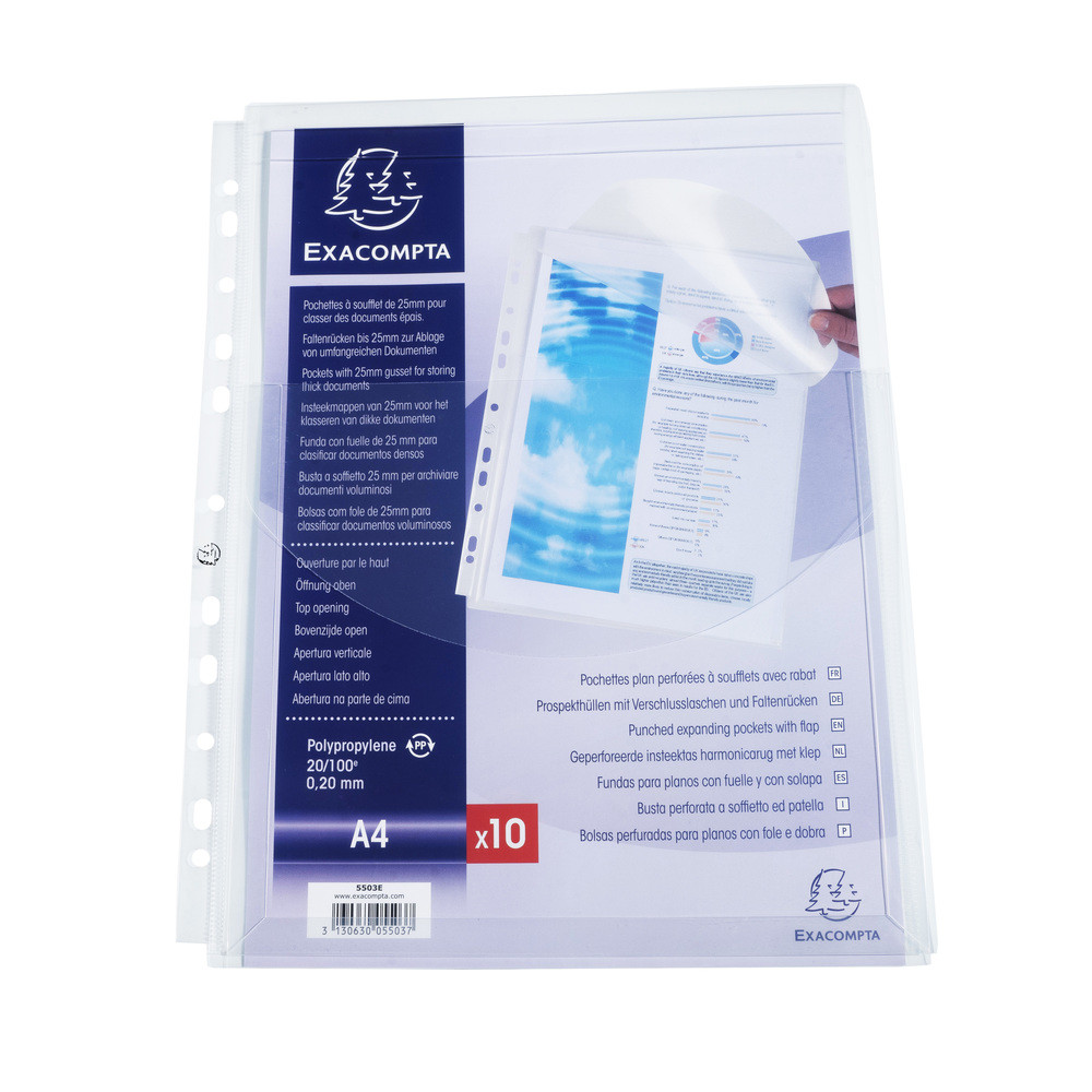 EXACOMPTA Sachet de 10 pochettes  soufflet avec rabat - polypropylne 20/100e - A4 - Cristal