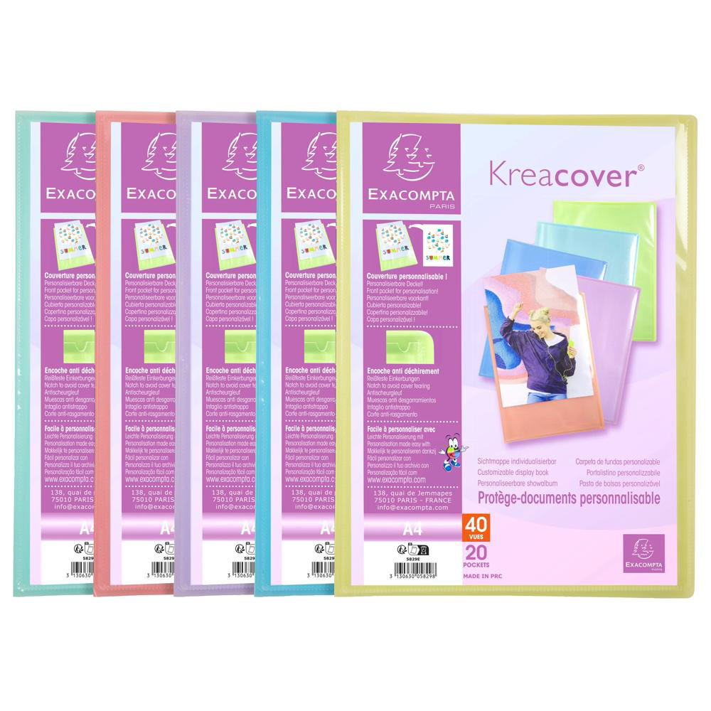 EXACOMPTA Protège-documents en polypropylène Kreacover Pastel 40 vues - A4 - Couleurs assorties