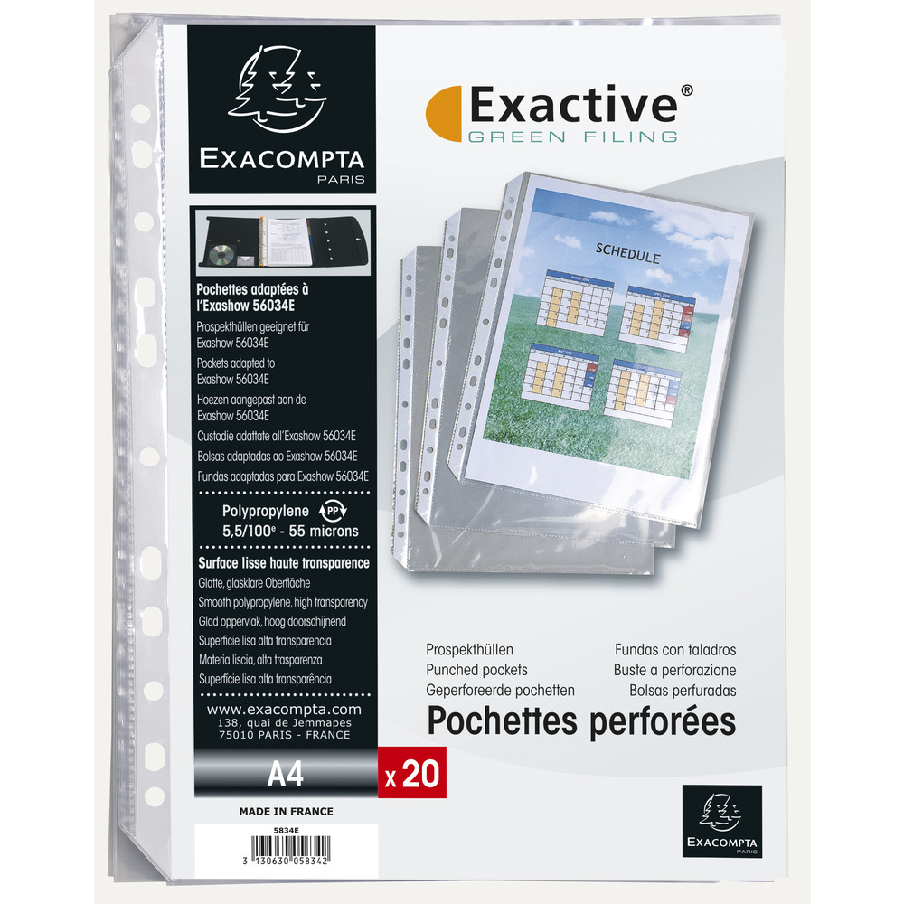 EXACOMPTA Sachet de 20 pochettes perfores pour classeur Exactive - polypropylne lisse 5,5/100e - Cristal