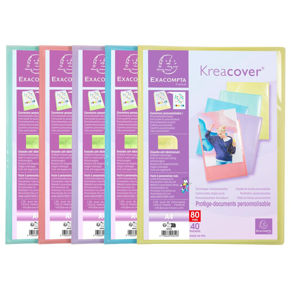 EXACOMPTA Protège-documents en polypropylène Kreacover Pastel 80 vues - A4 - Couleurs assorties