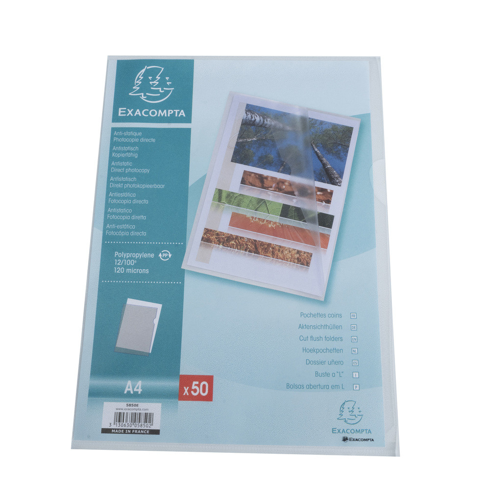 EXACOMPTA Sachet 50 pochettes coin polypropylne grain 12/100e - A4 - Cristal