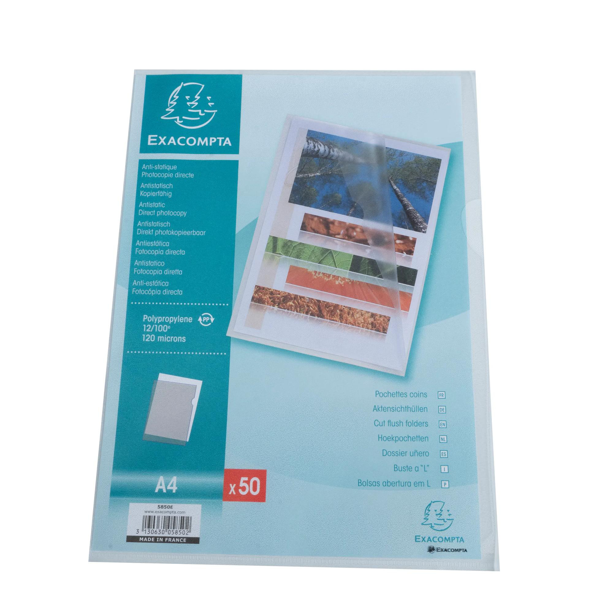 EXACOMPTA Sachet 50 pochettes coin polypropylène grainé 12/100e - A4 - Cristal