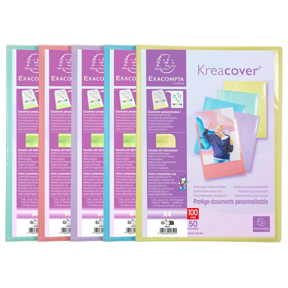 EXACOMPTA Protège-documents en polypropylène Kreacover Pastel 100 vues - A4 - Couleurs assorties