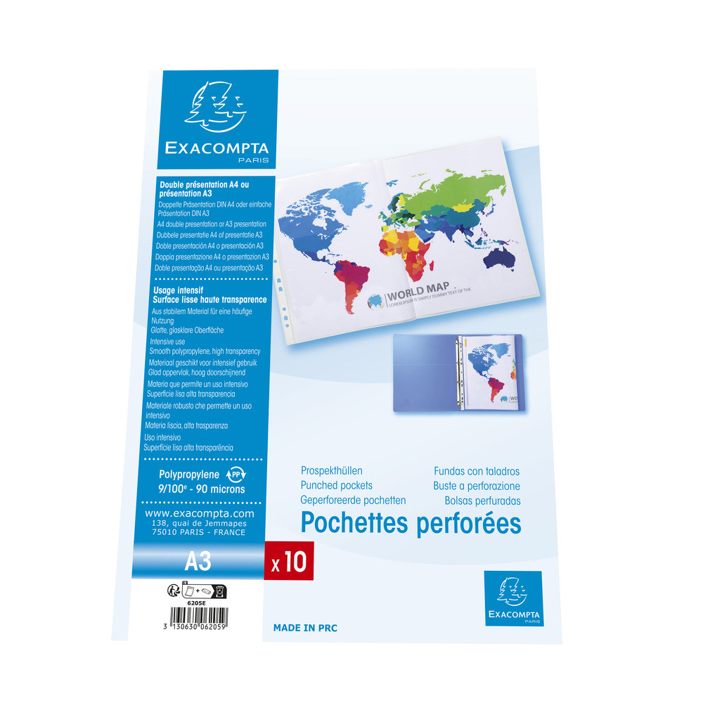 EXACOMPTA Sachet 10 pochettes perfores polypropylne lisse A3 plies - Incolore