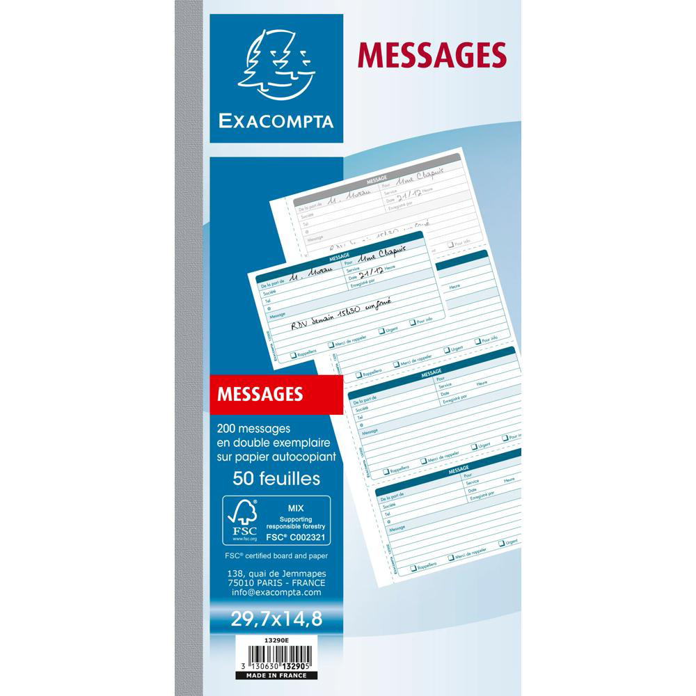 EXACOMPTA Carnet broché 29 7x14 8cm Messages téléphones 4 à la page 50 feuilles dupli autocopiantes