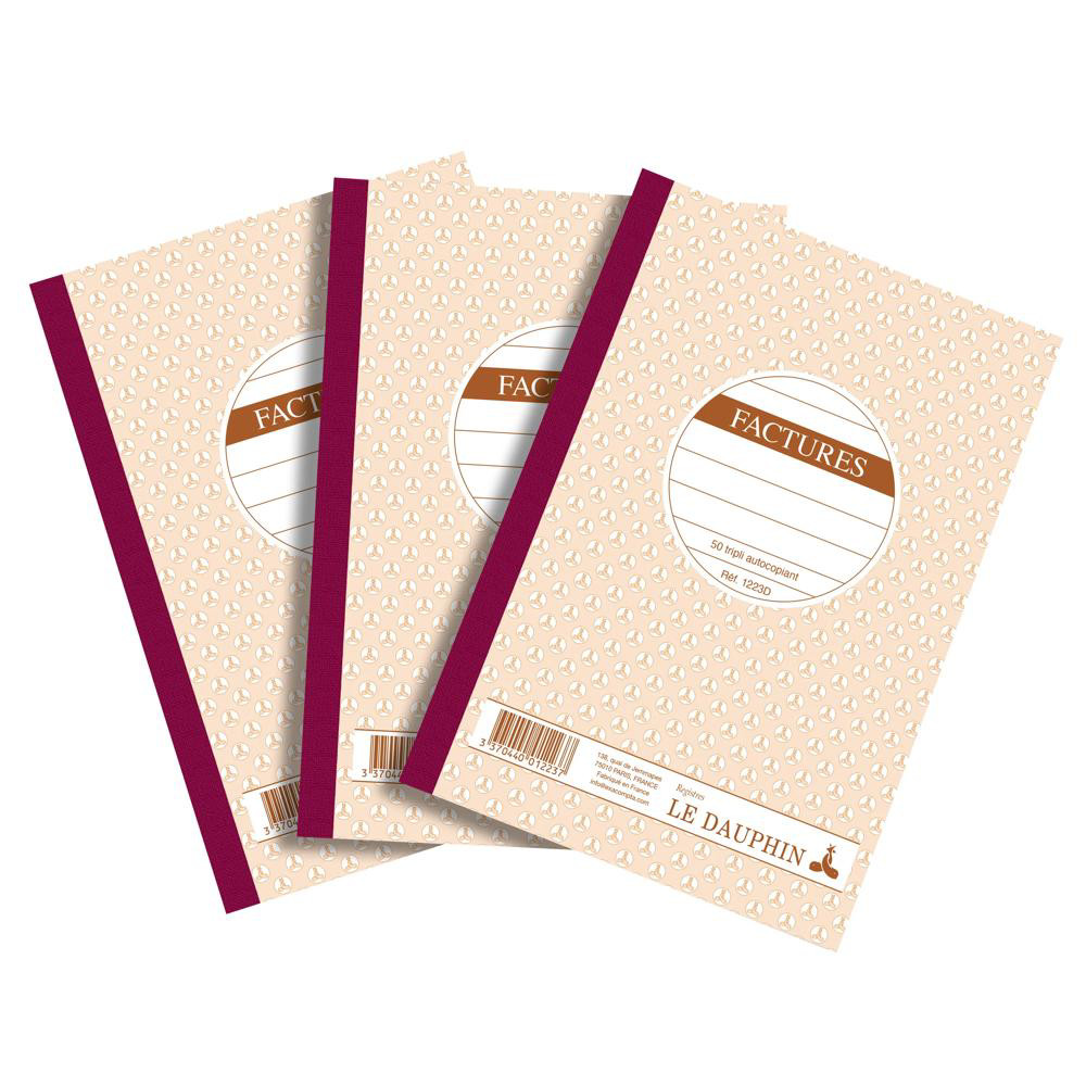 LE DAUPHIN Lot de 3 manifolds FACTURES - papier autocopiant - triplicata (1 original et 2 copies) - 50 feuilles - format 21 x 14,8 cm - couverture ver