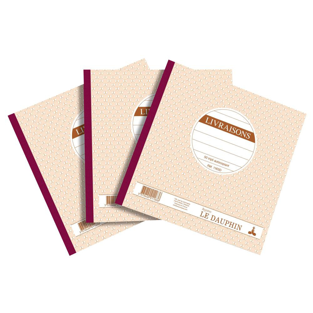 LE DAUPHIN Lot de 3 manifolds LIVRAISONS - papier autocopiant - triplicata (1 original et 2 copies) - 50feuilles - format 21 x 21 cm - couverture vern