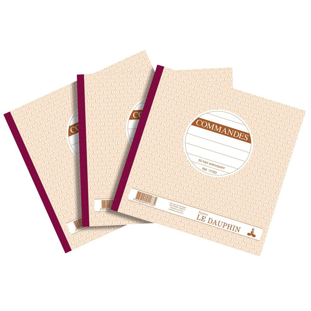 LE DAUPHIN Lot de 3 manifolds COMMANDES - papier autocopiant - triplicata (1 original et 2 copies) - 50feuilles - format 21 x 21 cm - couverture verni