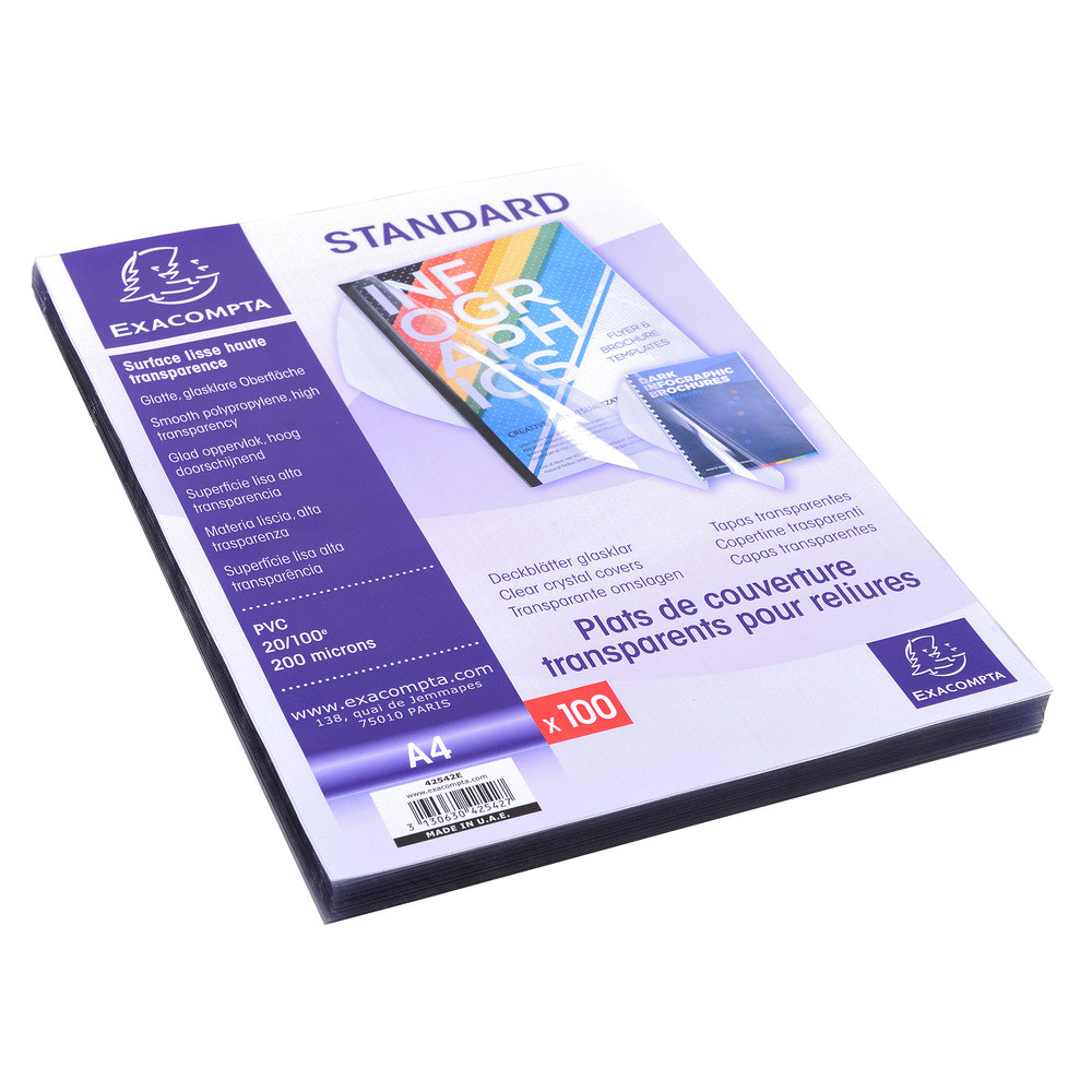 EXACOMPTA Boite de 100 plats pour relier PVC 20x100e - A4 - Cristal