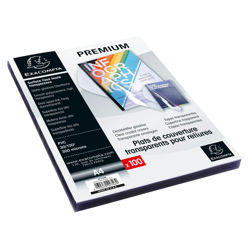 EXACOMPTA Boite de 100 plats pour relier PVC 30x100e A4 Cristal