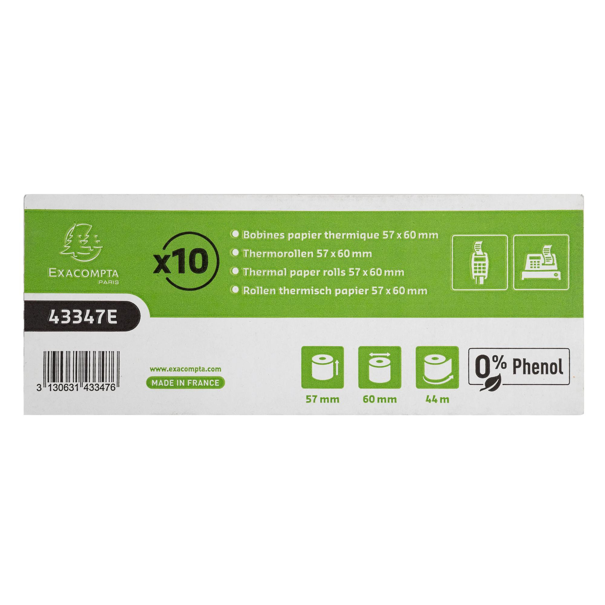 EXACOMPTA Bobine pour tickets de caisse et carte bancaire 57x60mm 44m 1 pli thermique 55gm2 sans Phenol.