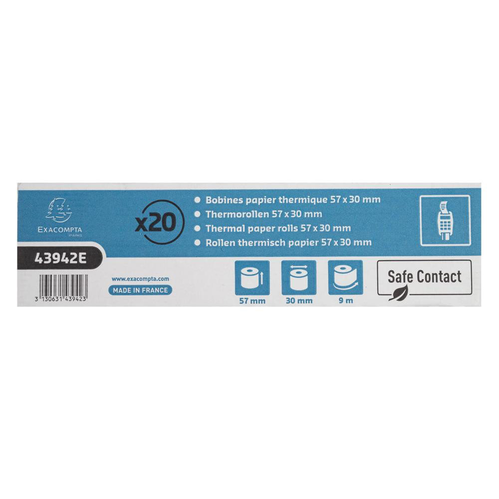 EXACOMPTA Bobine pour tickets de carte bancaire 57x30mm - 9m - 1 pli thermique 52g/m2 - Safe Contact. - Blanc