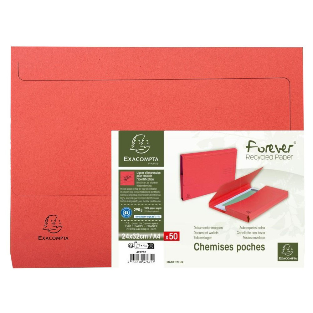 EXACOMPTA Paquet de 50 chemises poche coloris vifs Forever - 24,5x32,5cm - Rouge