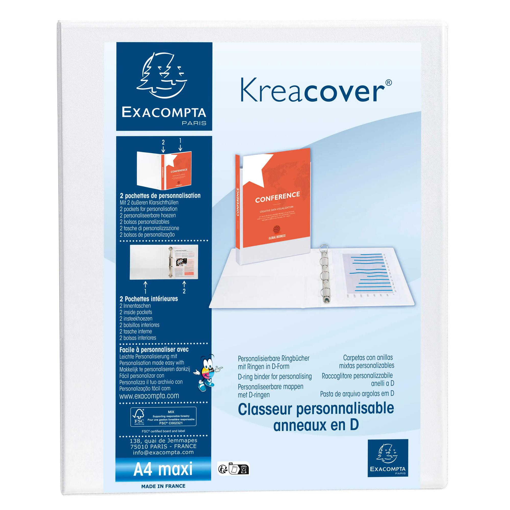 EXACOMPTA Classeur PP personnalisable Kreacover - 4 anneaux en D 20mm - A4 maxi - Blanc
