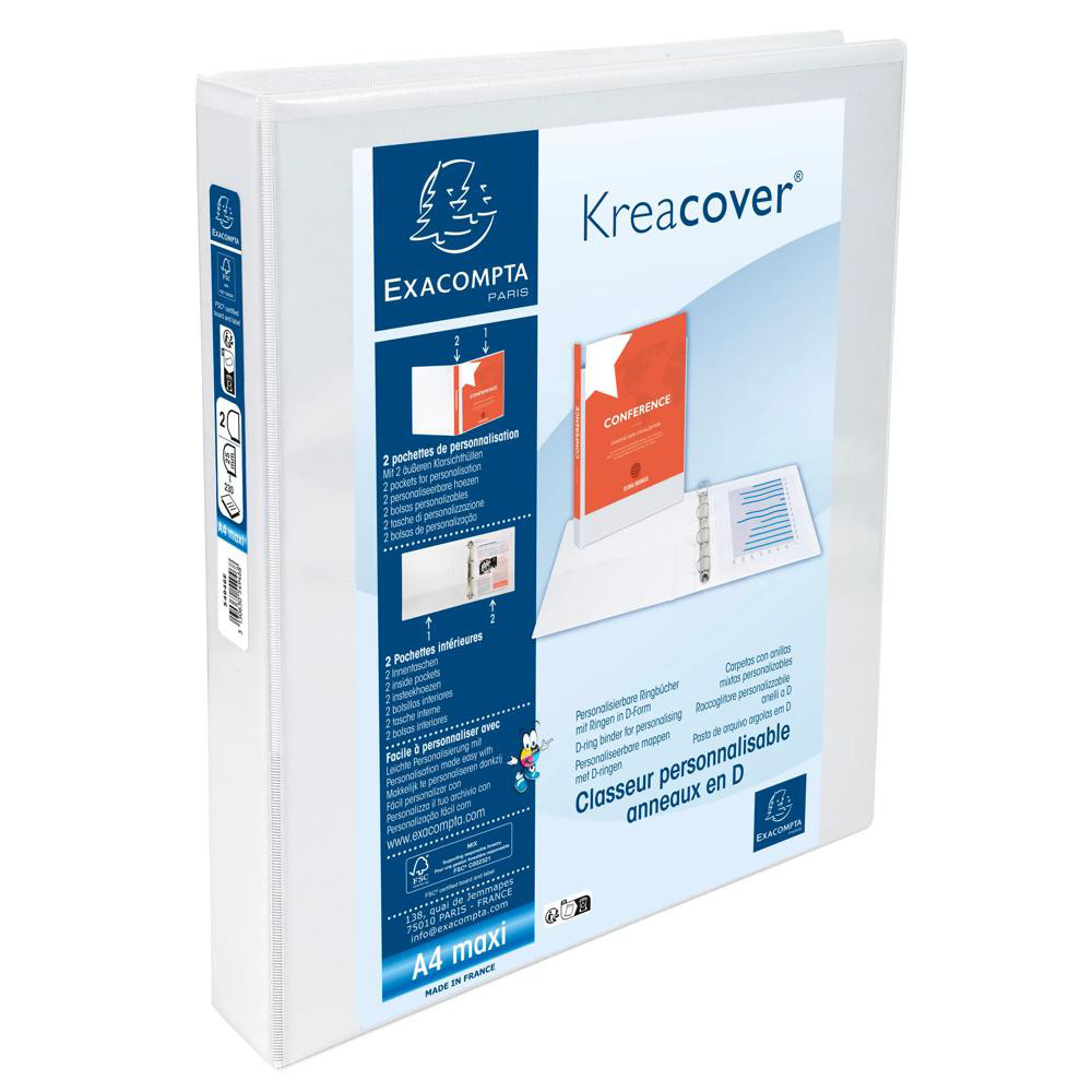 EXACOMPTA Classeur personnalisable rigide 2 poches KreaCover 2 anneaux en D 25mm - A4 maxi. - Blanc