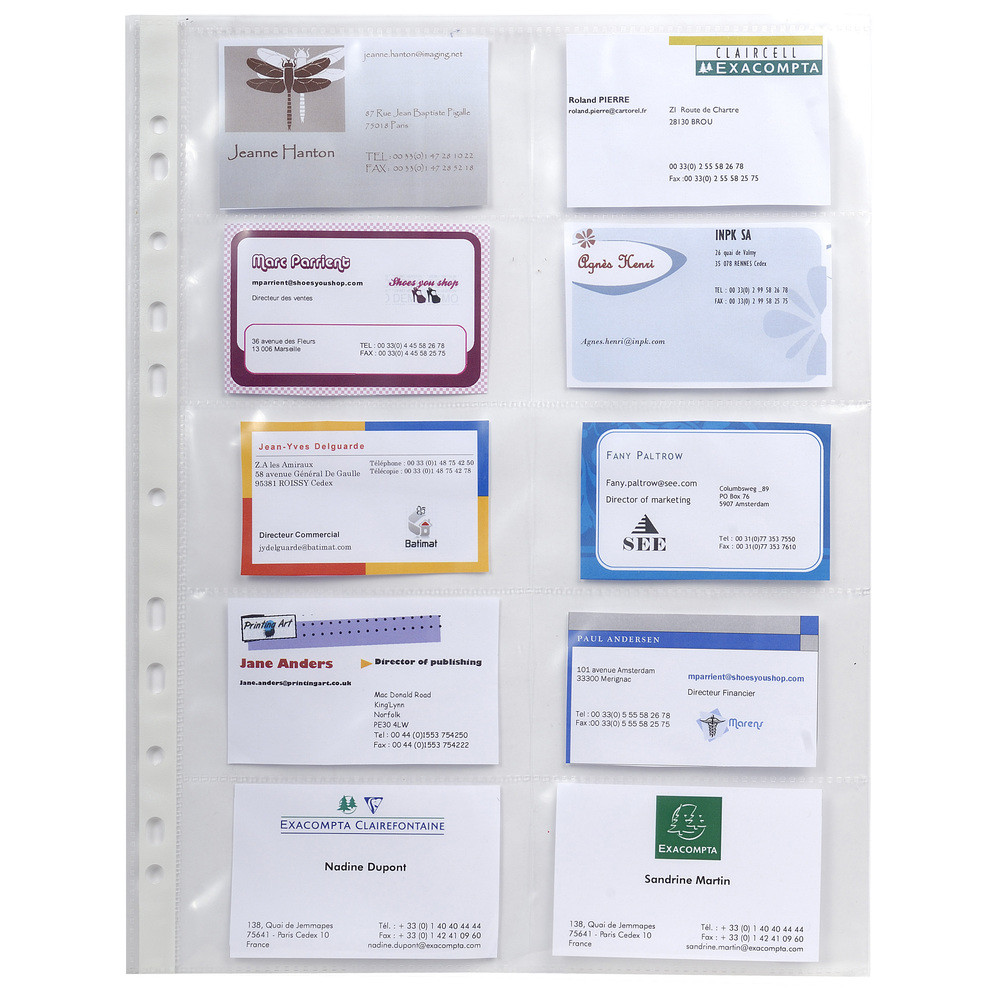 EXACOMPTA Sachet de 10 pochettes perfores pour cartes de visite 10 emplacements - polypropylne lisse 11/100e - A4 - Cristal