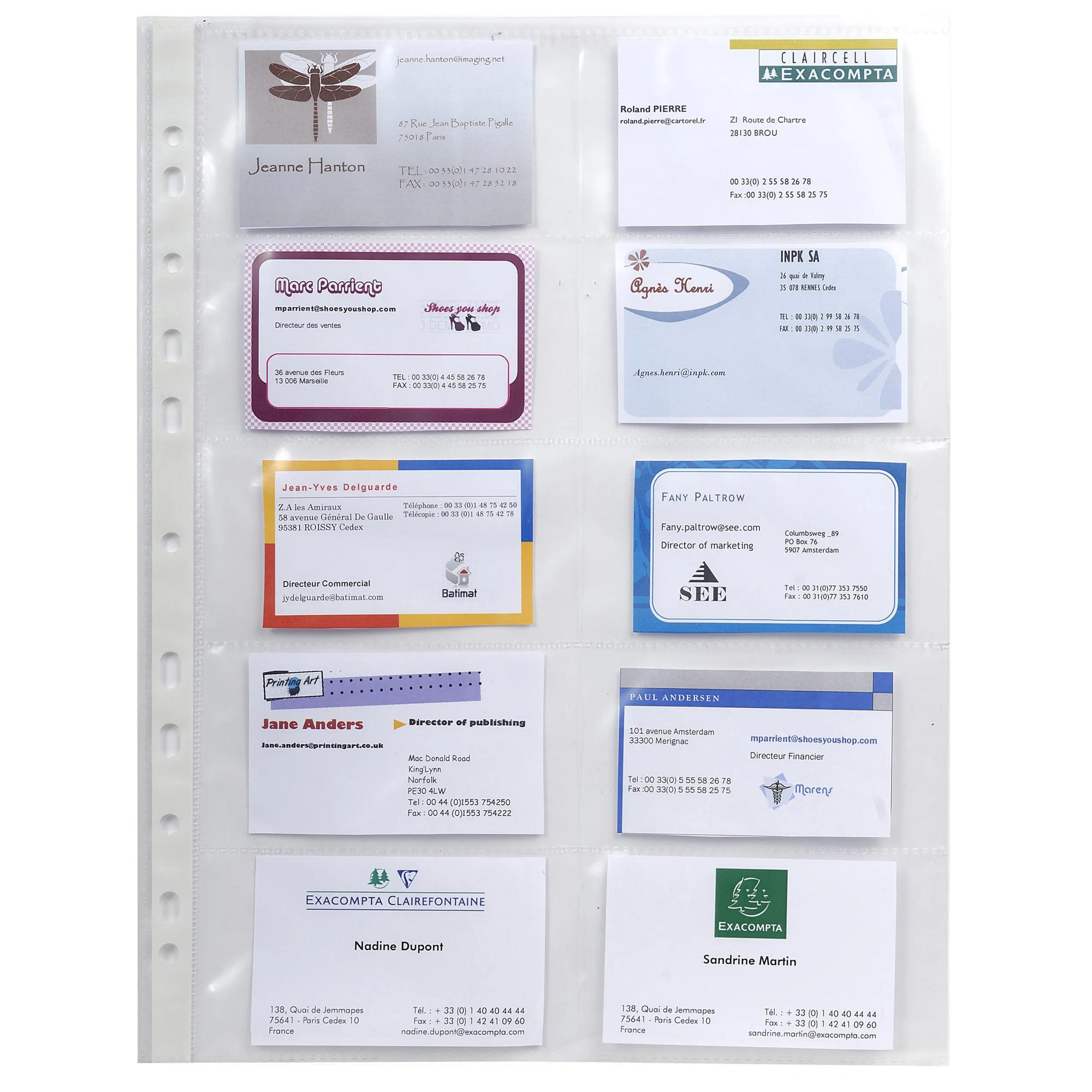 EXACOMPTA Sachet de 10 pochettes perforées pour cartes de visite 10 emplacements - polypropylène lisse 11/100e - A4 - Cristal