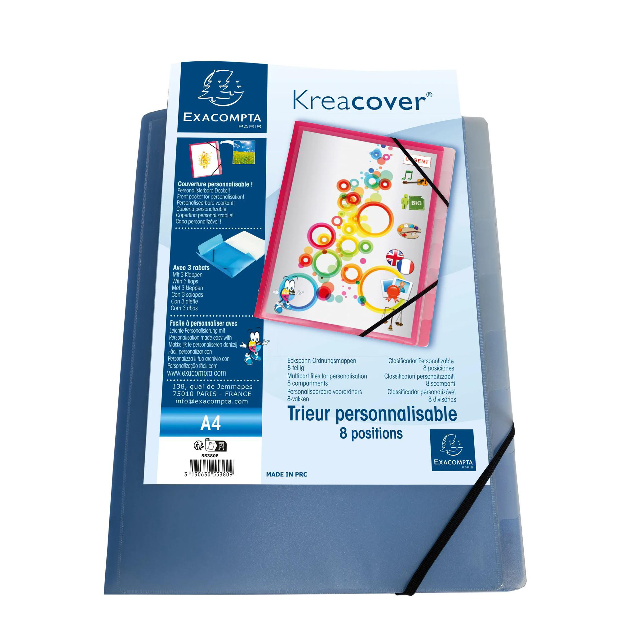 EXACOMPTA Trieur polypropylène 3 rabats Krea Cover 8 compartiments - Couleurs assorties