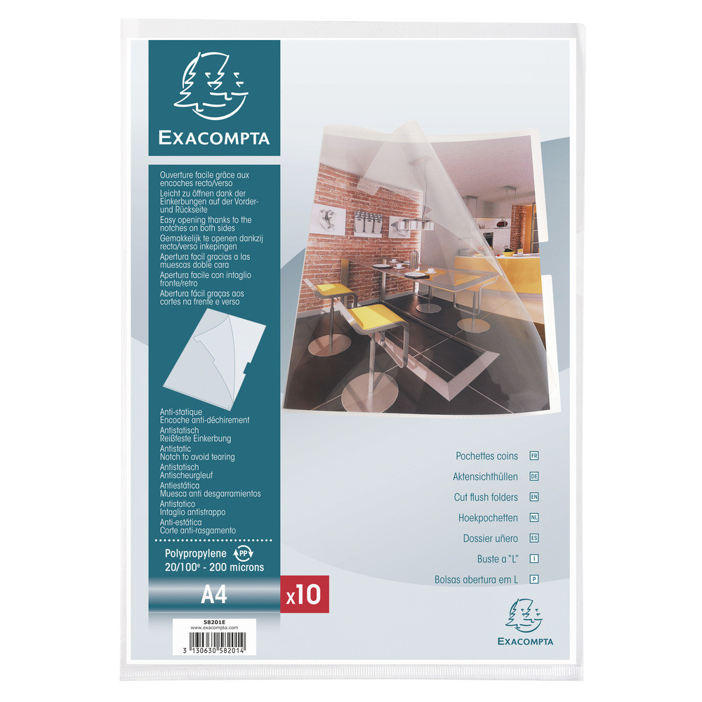 EXACOMPTA Sachet de 10 pochettes coin avec encoches polypropylne lisse rigide Haute Qualit 20/100e - A4 - Cristal