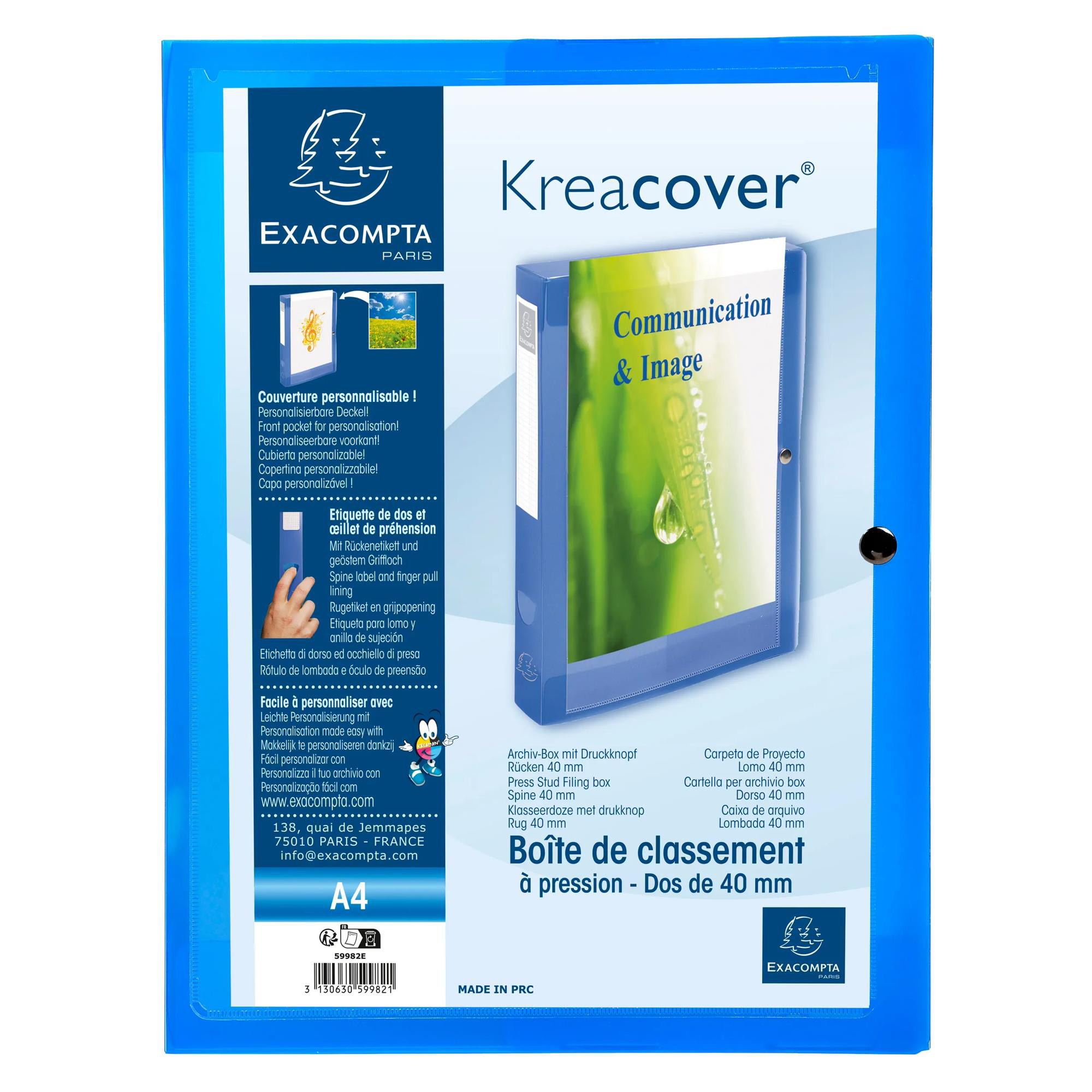 EXACOMPTA Boite de classement à pression Dos 40mm polypropylène chromaline 7/10e Krea Cover - Bleu
