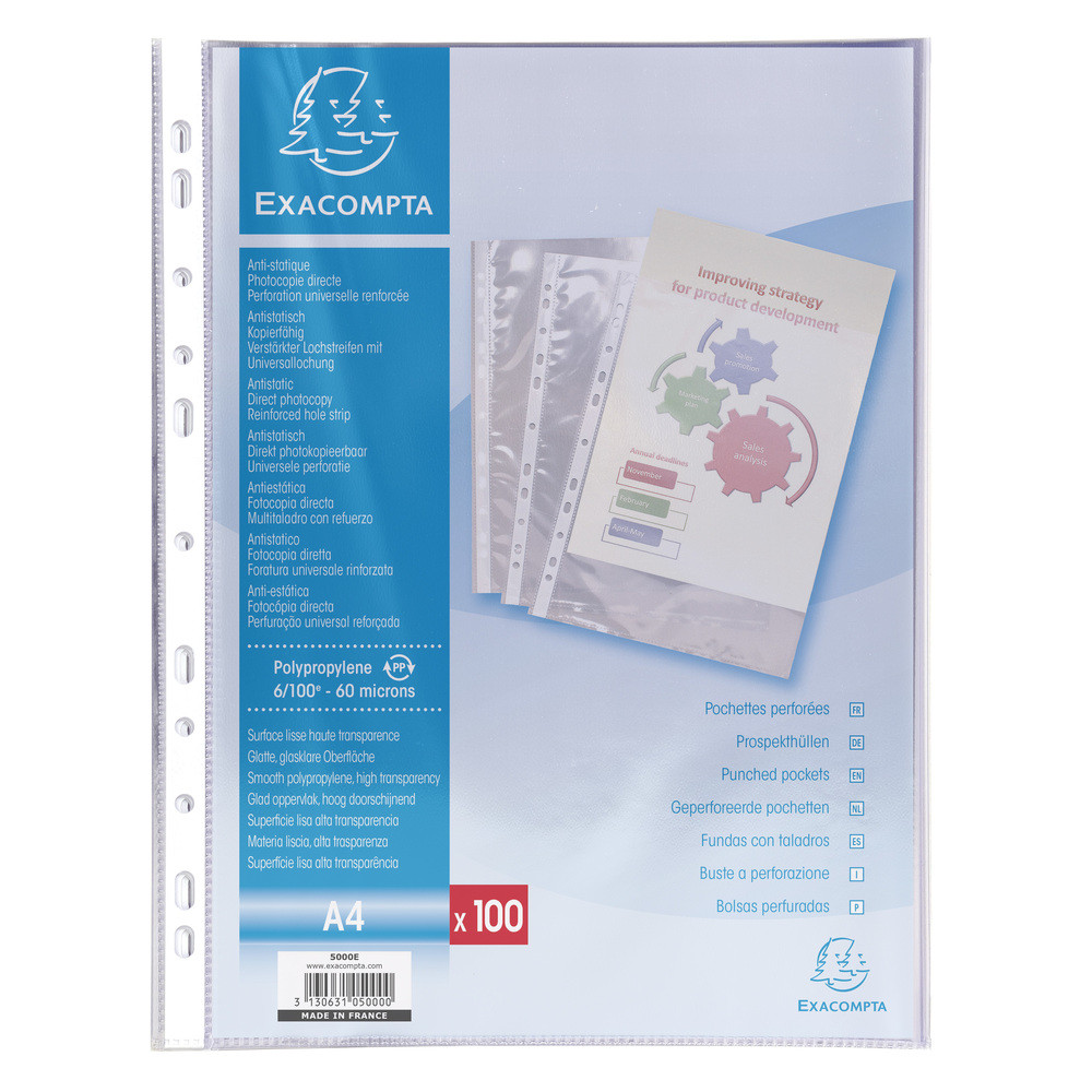 EXACOMPTA Etui carton de 100 pochettes perfores polypropylne lisse 6/100e - A4 - Cristal