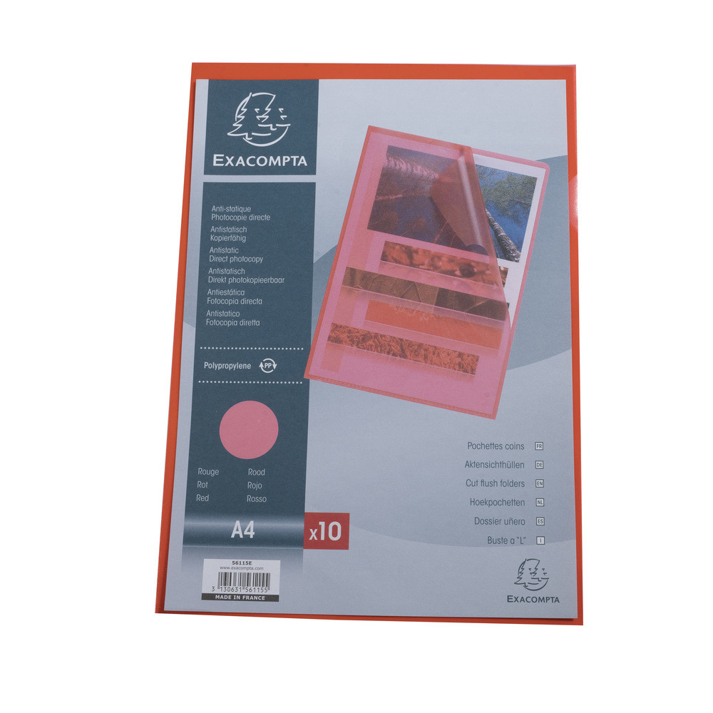 EXACOMPTA Sachet 10 pochettes coin polypropylne grain 12/100e - A4 - Rouge