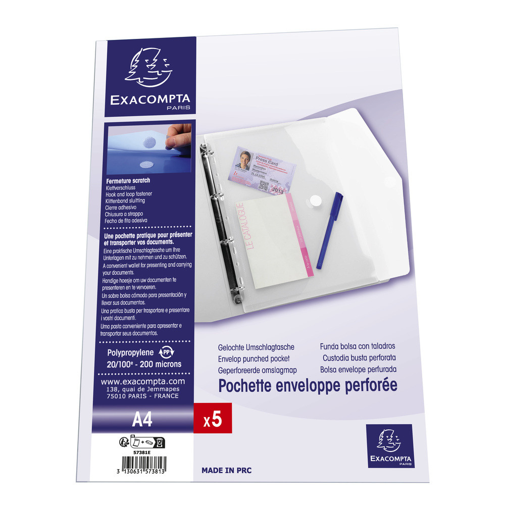EXACOMPTA Sachet de 5 pochettes-enveloppes perfores polypropylne - A4 - Incolore