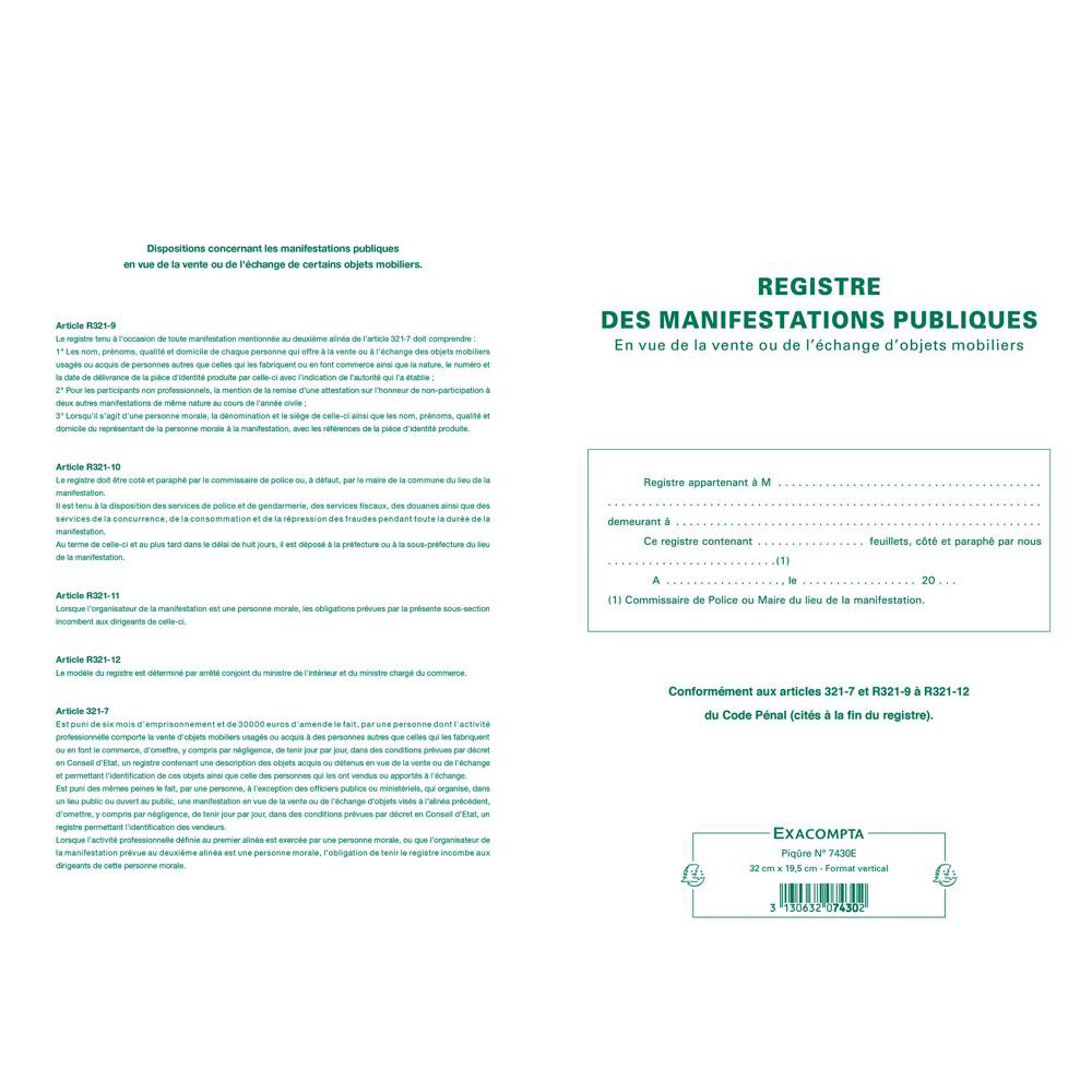 EXACOMPTA Piqûre 32x19 5cm Registre d'identification des vendeurs en vue d'une manifestation publique Couleurs assorties
